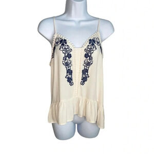 Embroidered Cream & Blue Floral Tank Top Boho Chic, Adjustable Spaghetti Straps